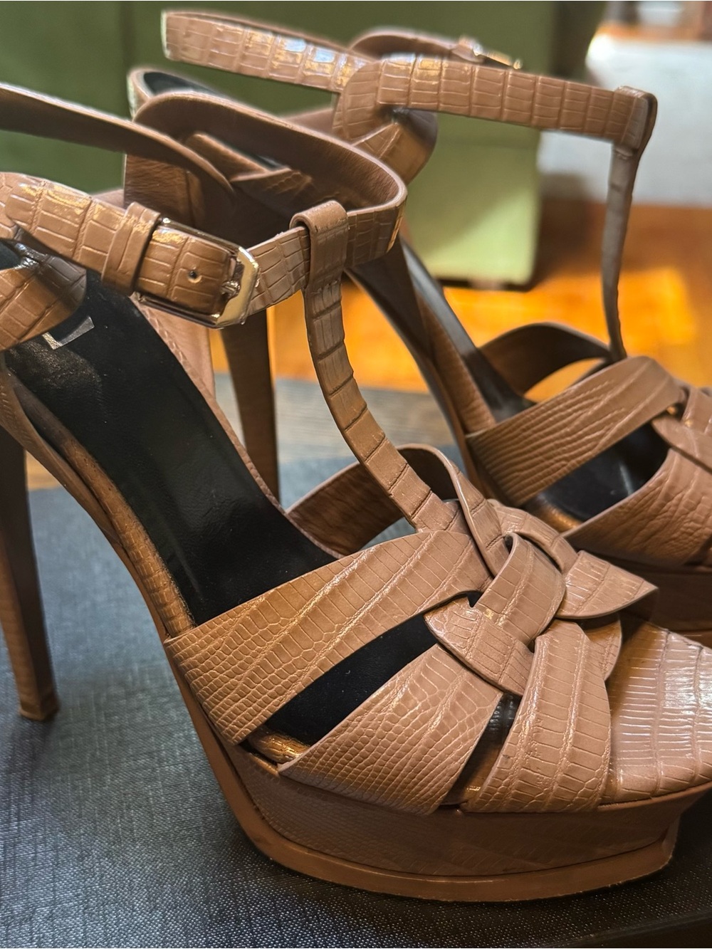 Saint Laurent Tan Croc-Embossed Leather T-Strap Sandals - Picture 12 of 16